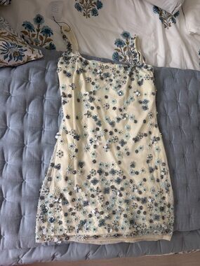 MAJORELLE Ivory Dress with Blue Beaded Floral Embellishments